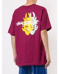 lila bedrucktes T-Shirt mit einem Rundhalsausschnitt von Stussy