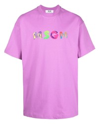 lila bedrucktes T-Shirt mit einem Rundhalsausschnitt von MSGM