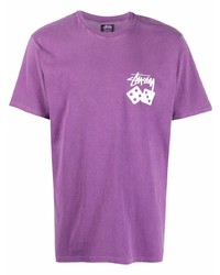 lila bedrucktes T-Shirt mit einem Rundhalsausschnitt von Stussy