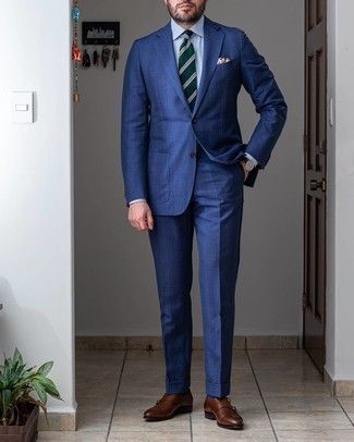 Dunkeltürkise Krawatte kombinieren – 500+ Herren Outfits: Vereinigen Sie einen dunkelblauen Anzug mit Schottenmuster mit einer dunkeltürkisen Krawatte, um vor Klasse und Perfektion zu strotzen. Wenn Sie nicht durch und durch formal auftreten möchten, komplettieren Sie Ihr Outfit mit dunkelbraunen Doppelmonks aus Leder.