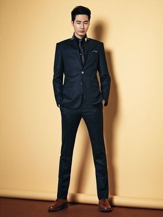 schwarzer Anzug, schwarzes Businesshemd, braune Leder Oxford Schuhe, schwarze Krawatte für Herren