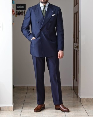 Oxford Schuhe kombinieren – 500+ Elegante Herren Outfits: Machen Sie sich mit einem dunkelblauen Anzug und einem grauen vertikal gestreiften Businesshemd einen verfeinerten, eleganten Stil zu Nutze. Oxford Schuhe fügen sich nahtlos in einer Vielzahl von Outfits ein.