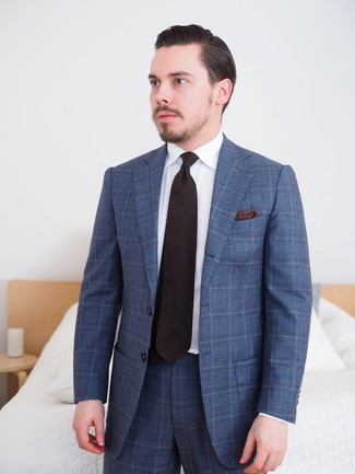 Dunkelblauen Anzug mit Schottenmuster kombinieren – 118 Herren Outfits: Entscheiden Sie sich für einen dunkelblauen Anzug mit Schottenmuster und ein weißes Businesshemd, um vor Klasse und Perfektion zu strotzen.