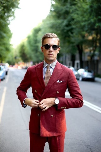 30 Jährige: Rote und dunkelblaue bedruckte Krawatte kombinieren – 156 Herren Outfits warm Wetter: Kombinieren Sie einen roten Anzug mit einer roten und dunkelblauen bedruckten Krawatte für eine klassischen und verfeinerte Silhouette.