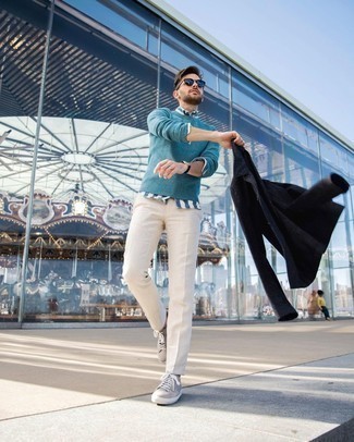 Türkisen Pullover mit einem Rundhalsausschnitt kombinieren – 129 Herren Outfits