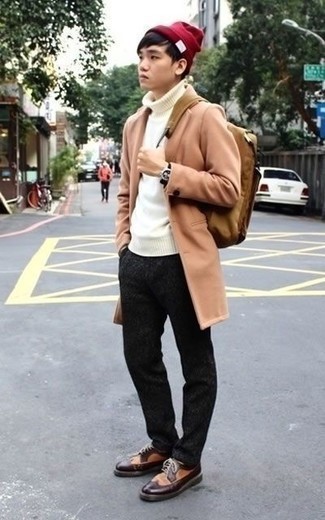 Hellbeige Segeltuch Rucksack kombinieren – 12 Herren Outfits kalt Wetter