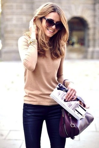 Hellbeige Pullover mit einem Rundhalsausschnitt kombinieren – 182 Damen Outfits