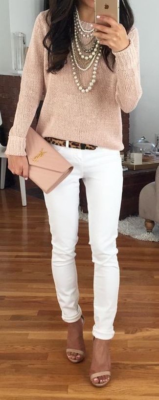 Hellbeige Pullover mit einem Rundhalsausschnitt kombinieren – 182 Damen Outfits
