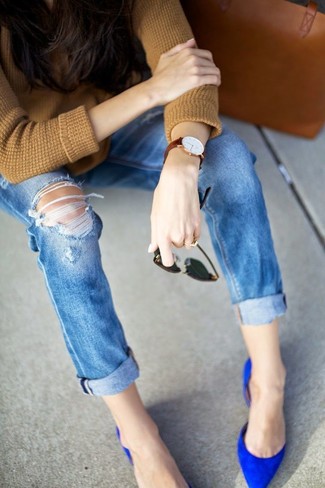 Hellbeige Pullover mit einem Rundhalsausschnitt kombinieren – 105 Herbst Damen Outfits