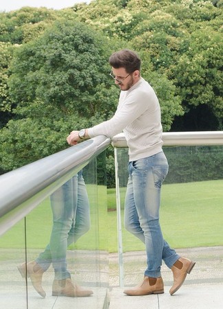 Welche enge Jeans mit hellbeige Pullovers mit einem Rundhalsausschnitt zu tragen – 50 Herren Outfits