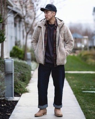 Hellbeige Fleece-Pullover mit einem Kapuze kombinieren – 27 Herren Outfits