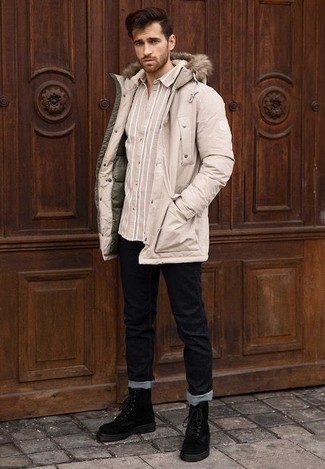 Hellbeige vertikal gestreiftes Langarmhemd kombinieren – 55 Herren Outfits
