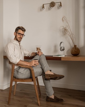 Hellbeige vertikal gestreiftes Langarmhemd kombinieren – 55 Herren Outfits