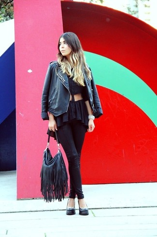schwarze Shopper Tasche aus Leder mit Fransen von Saint Laurent