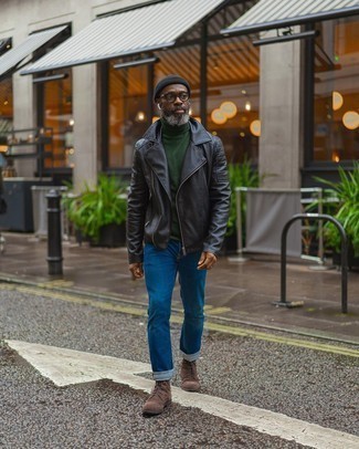 Schwarze Leder Bikerjacke kombinieren – 1063+ Herren Outfits: Entscheiden Sie sich für eine schwarze Leder Bikerjacke und blauen Jeans für ein Alltagsoutfit, das Charakter und Persönlichkeit ausstrahlt. Schalten Sie Ihren Kleidungsbestienmodus an und machen eine braune Wildlederfreizeitstiefel zu Ihrer Schuhwerkwahl.