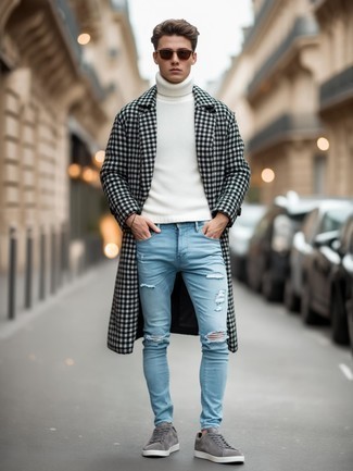 Schwarzen und weißen Mantel mit Vichy-Muster kombinieren – 16 Herren Outfits