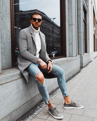 Schwarzen und weißen Mantel mit Vichy-Muster kombinieren – 16 Herren Outfits