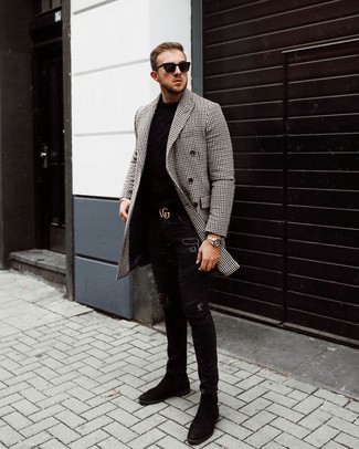 Schwarzen und weißen Mantel mit Vichy-Muster kombinieren – 16 Herren Outfits