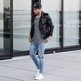 Schwarze und weiße bedruckte Baseballkappe kombinieren – 465 Herren Outfits