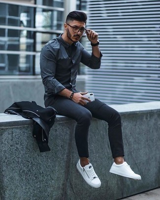 Welche Langarmhemden mit schwarzer Bikerjacke zu tragen – 148 Herren Outfits