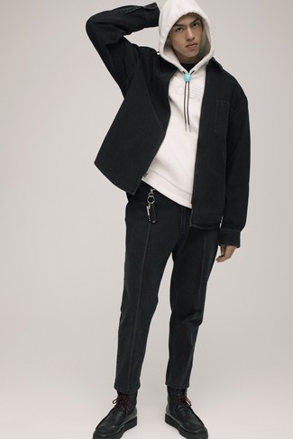 Welche Pullover mit einem Kapuze mit schwarzer Freizeitstiefel zu tragen – 105 Herren Outfits