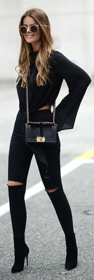 Schwarze Pelz Umhängetasche kombinieren – 12 Damen Outfits