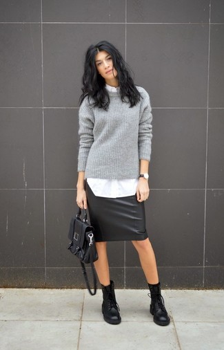 Schwarze flache Stiefel mit einer Schnürung aus Leder kombinieren – 259 Damen Outfits
