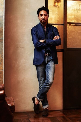Wie schwarzes Langarmhemd mit blauer Jeans zu kombinieren – 78 Herren Outfits