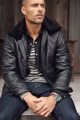 Wie schwarzes Langarmhemd mit blauer Jeans zu kombinieren – 78 Herren Outfits