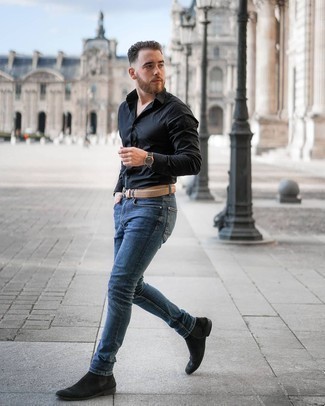 Wie schwarzes Langarmhemd mit blauer Jeans zu kombinieren – 78 Herren Outfits