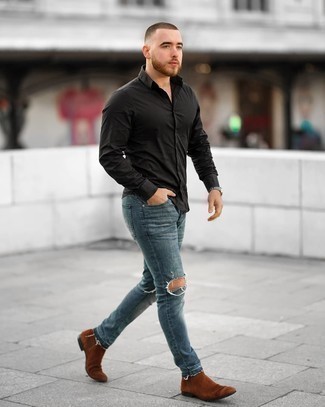 Wie schwarzes Langarmhemd mit blauer Jeans zu kombinieren – 78 Herren Outfits