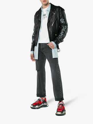 Schwarze bedruckte Lederjacke kombinieren – 9 Herren Outfits