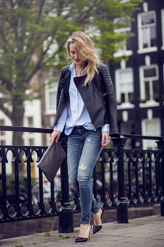 Schwarze gesteppte Leder Bikerjacke kombinieren – 83 Damen Outfits