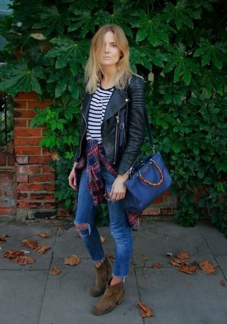Schwarze gesteppte Leder Bikerjacke kombinieren – 83 Damen Outfits