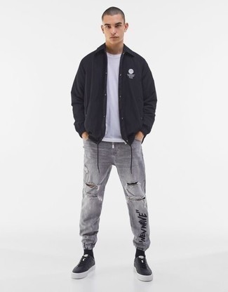 20 Jährige: Wie schwarze Shirtjacke mit grauer Hose zu kombinieren – 37 Herren Outfits