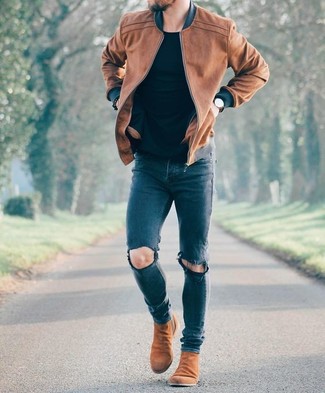 Wie blaue Jeans mit brauner Leder Bomberjacke zu kombinieren – 69 Herren Outfits