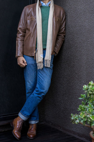 Wie blaue Jeans mit brauner Leder Bomberjacke zu kombinieren – 69 Herren Outfits