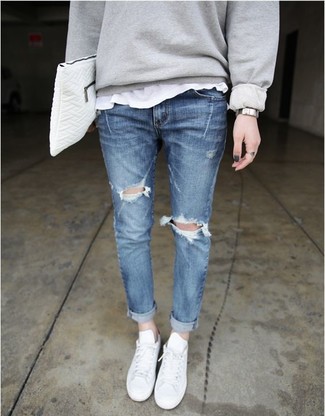 Blaue Boyfriend Jeans mit Destroyed-Effekten kombinieren – 229 Damen Outfits