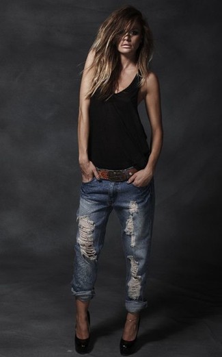 Blaue Boyfriend Jeans mit Destroyed-Effekten kombinieren – 229 Damen Outfits
