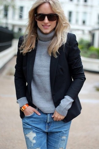 Blaue Boyfriend Jeans mit Destroyed-Effekten kombinieren – 229 Damen Outfits