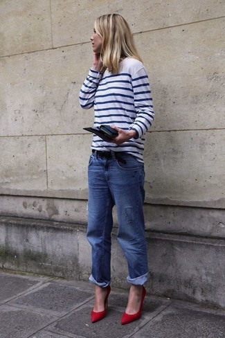 Blaue Boyfriend Jeans mit Destroyed-Effekten kombinieren – 229 Damen Outfits