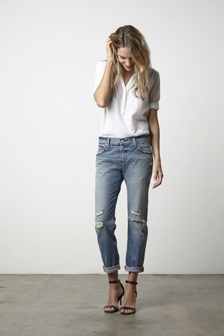 Blaue Boyfriend Jeans mit Destroyed-Effekten kombinieren – 229 Damen Outfits