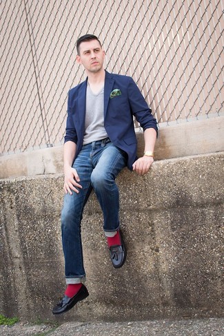 Welche Slipper mit Quasten mit blauer enger Jeans zu tragen – 44 Herren Outfits