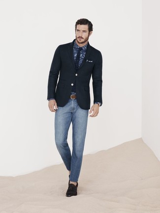 Welche Slipper mit Quasten mit blauer enger Jeans zu tragen – 44 Herren Outfits