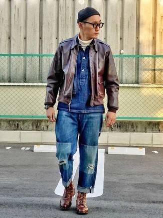 Wie braune Leder Bomberjacke mit brauner Lederfreizeitstiefel zu kombinieren – 28 Herren Outfits