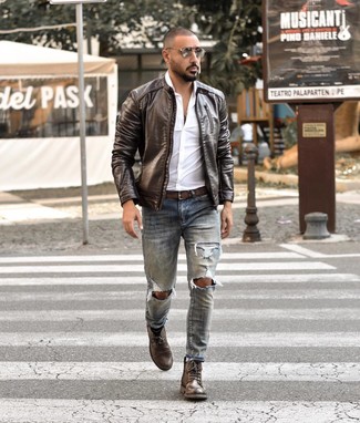 20 Jährige: Wie braune Leder Bomberjacke mit brauner Lederfreizeitstiefel zu kombinieren – 1 Herren Outfits