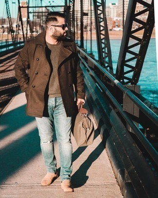Welche Pullover mit einem Rundhalsausschnitt mit brauner Cabanjacke zu tragen – 5 Herren Outfits