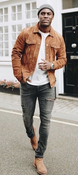 Braune Shirtjacke aus Wildleder kombinieren – 212 Herren Outfits