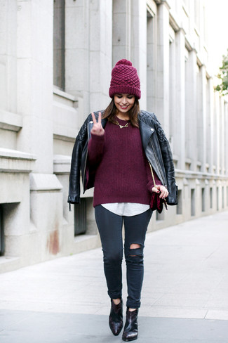 Dunkelroten Pullover mit einem Rundhalsausschnitt kombinieren – 118 Damen Outfits