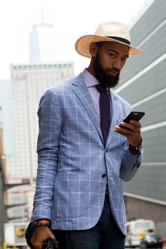 Hellviolettes Businesshemd kombinieren – 71 Smart-Casual Herren Outfits: Vereinigen Sie ein hellviolettes Businesshemd mit dunkelblauen Jeans, wenn Sie einen gepflegten und stylischen Look wollen.